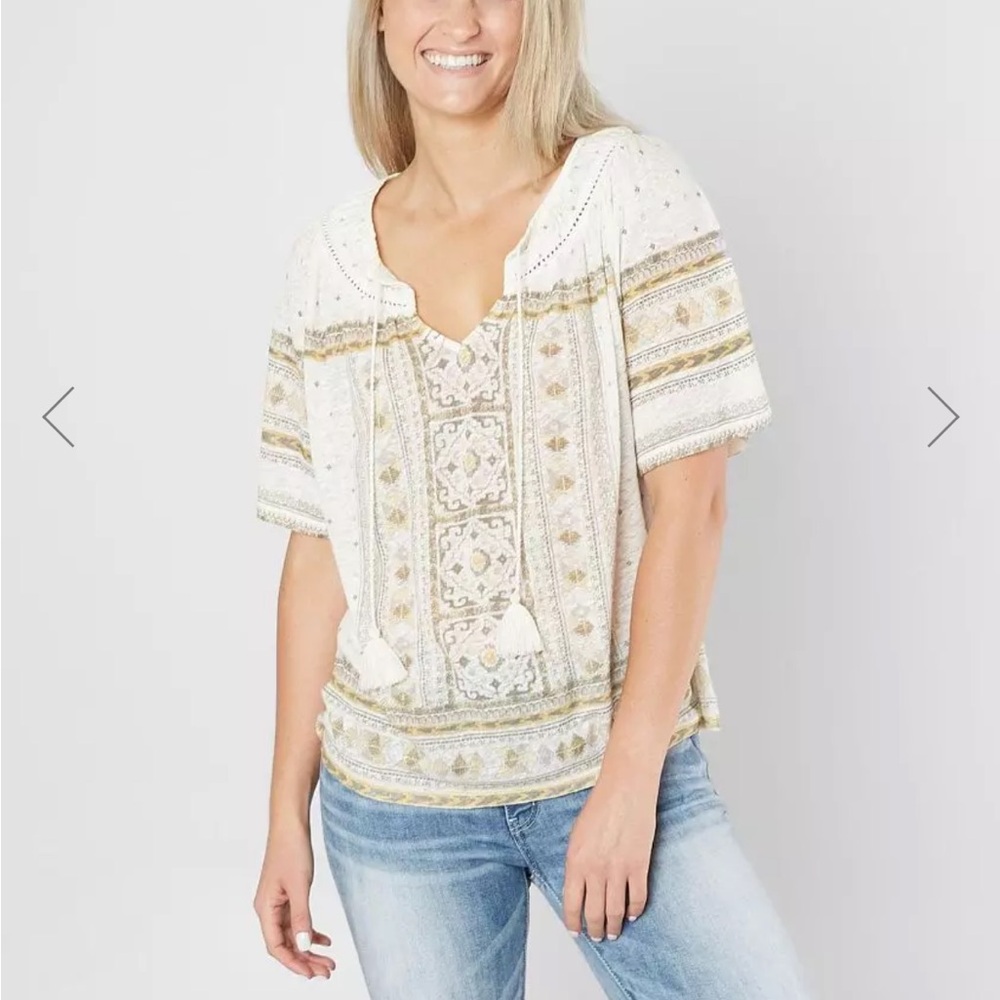 Lucky Brand Tile Split Neck Top Size S